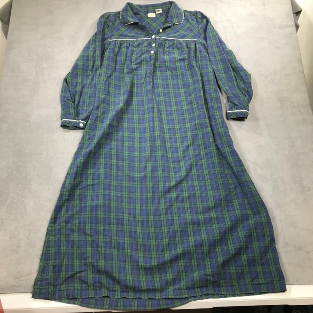 LL Bean Nightgown Womens Medium Tartan Green Blue Flannel Pajamas Collar VTG